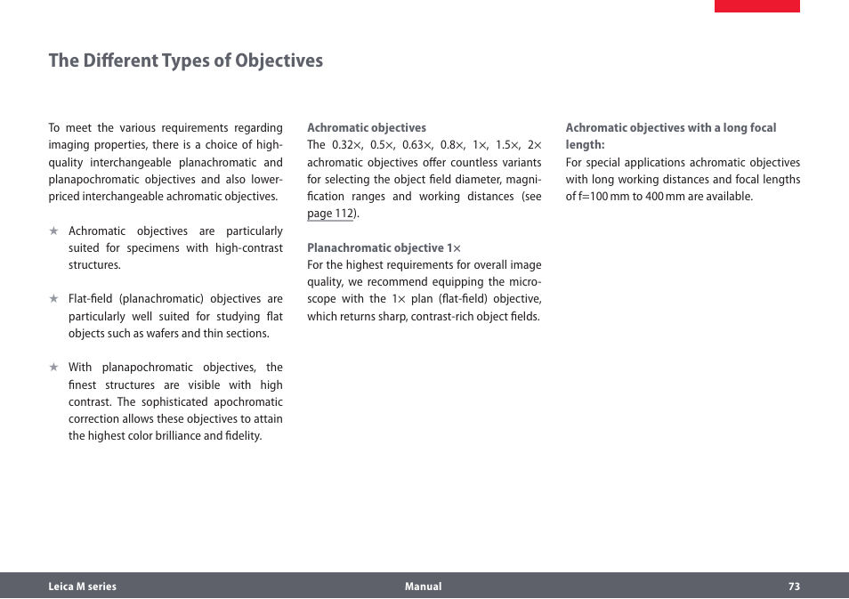 The different types of objectives | Leica Biosystems M205A User Manual | Page 73 / 114