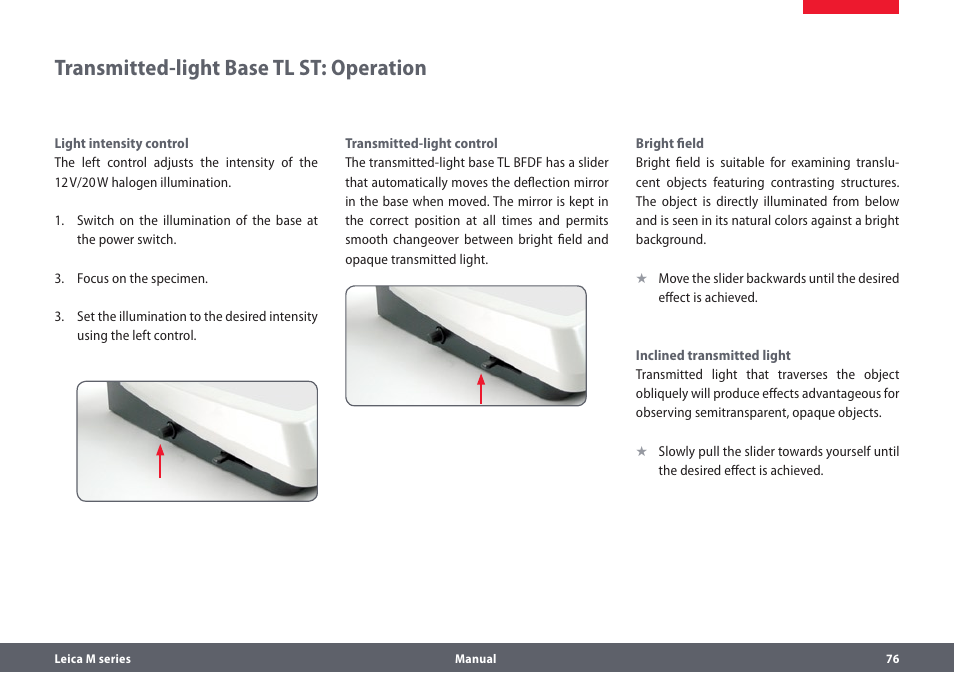 Transmitted-light base tl st: operation | Leica Biosystems M205A User Manual | Page 76 / 114