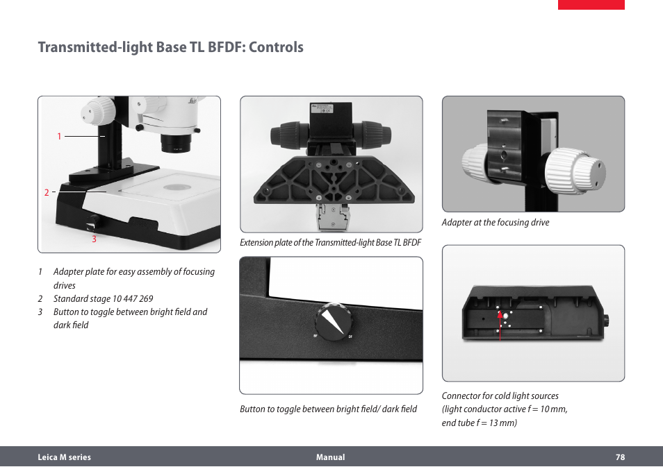 Transmitted-light base tl bfdf: controls | Leica Biosystems M205A User Manual | Page 78 / 114