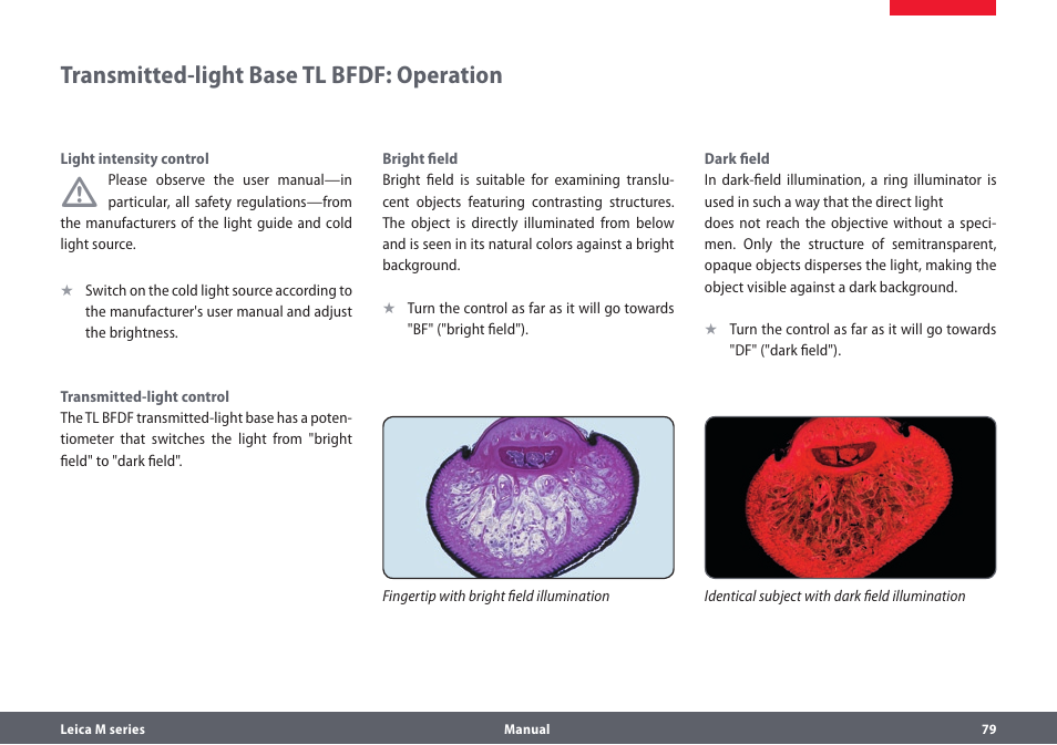 Transmitted-light base tl bfdf: operation | Leica Biosystems M205A User Manual | Page 79 / 114