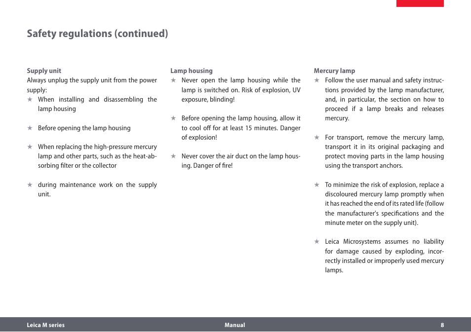 Safety regulations (continued) | Leica Biosystems M205A User Manual | Page 8 / 114