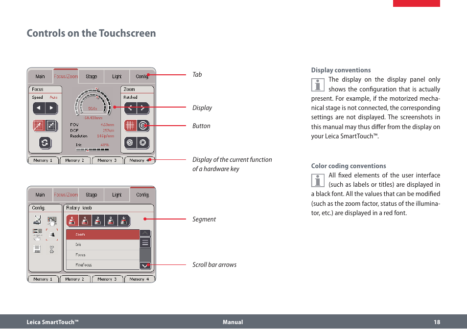 Controls on the touchscreen | Leica Biosystems SmartTouch User Manual | Page 18 / 82