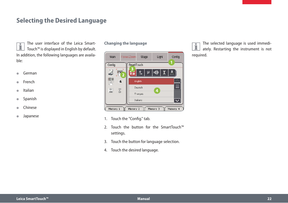 Selecting the desired language | Leica Biosystems SmartTouch User Manual | Page 22 / 82