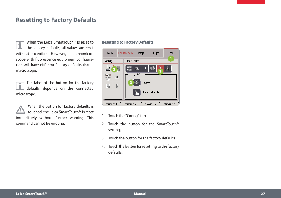 Resetting to factory defaults | Leica Biosystems SmartTouch User Manual | Page 27 / 82