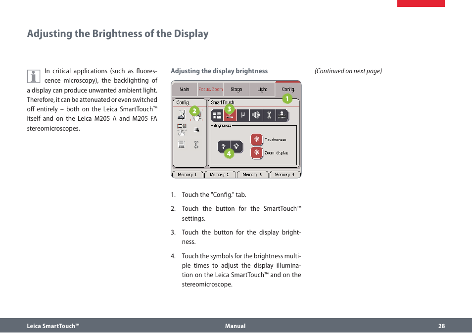 Adjusting the brightness of the display | Leica Biosystems SmartTouch User Manual | Page 28 / 82