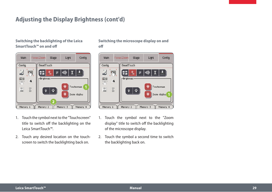 Adjusting the display brightness (cont'd) | Leica Biosystems SmartTouch User Manual | Page 29 / 82
