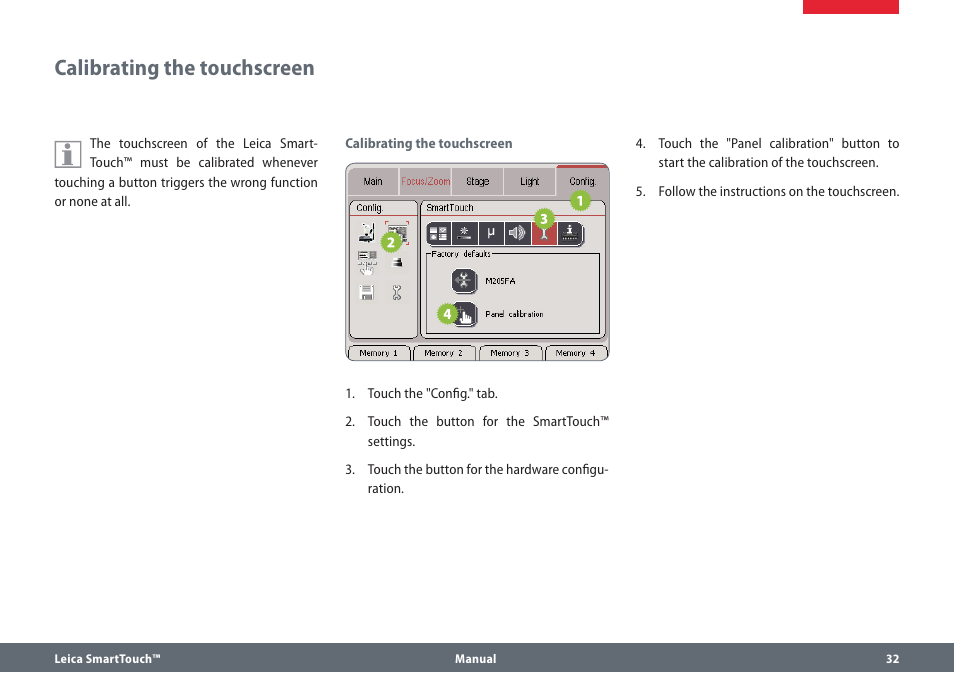 Calibrating the touchscreen | Leica Biosystems SmartTouch User Manual | Page 32 / 82