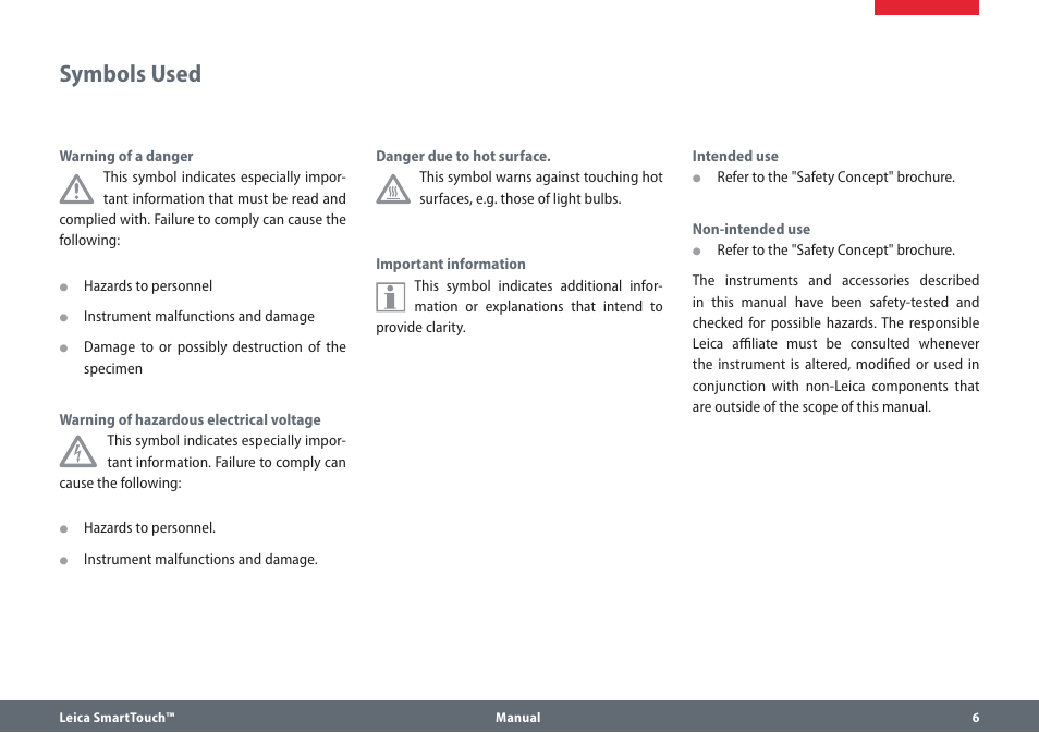 Symbols used | Leica Biosystems SmartTouch User Manual | Page 6 / 82