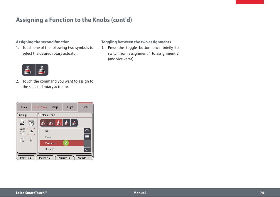 Assigning a function to the knobs (cont'd) | Leica Biosystems SmartTouch User Manual | Page 74 / 82