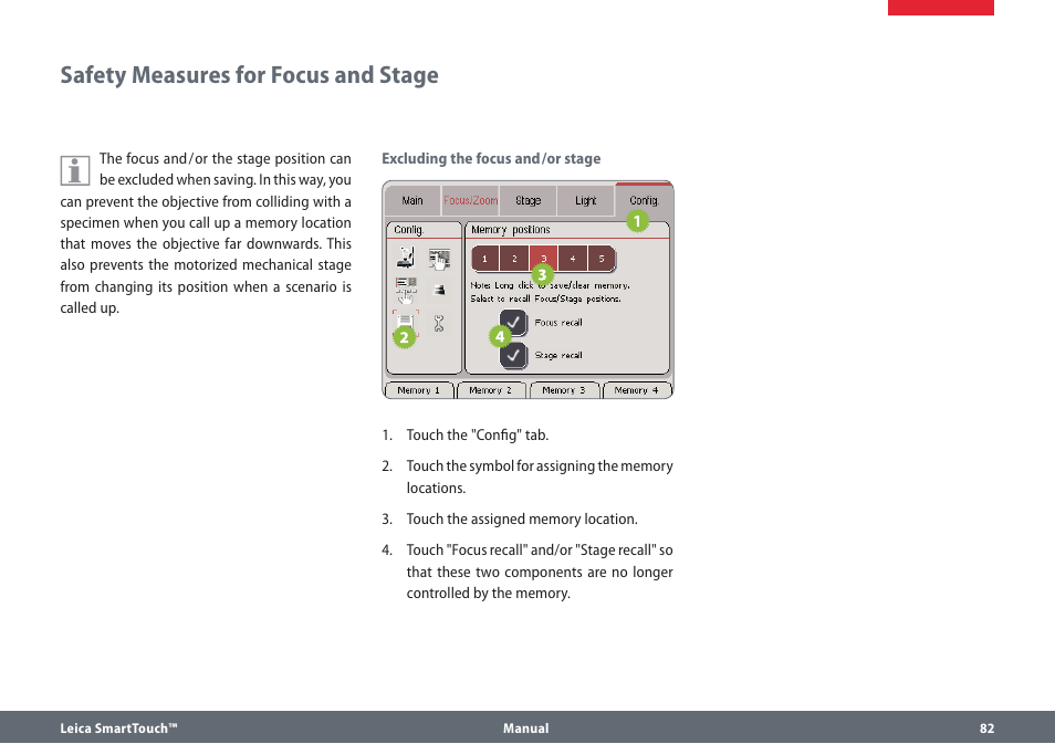 Safety measures for focus and stage | Leica Biosystems SmartTouch User Manual | Page 82 / 82