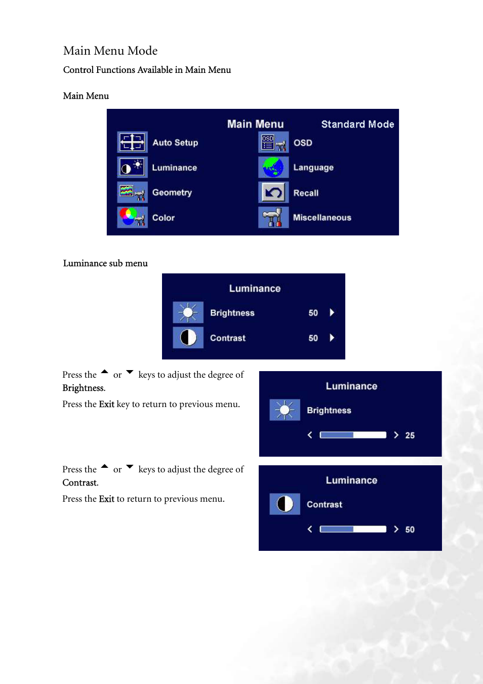 Main menu mode | BenQ FP202W User Manual | Page 22 / 34