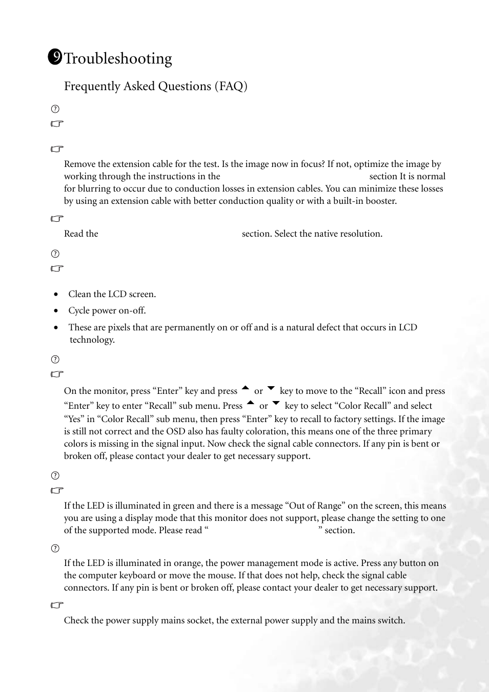 Troubleshooting, Frequently asked questions (faq) | BenQ FP202W User Manual | Page 30 / 34