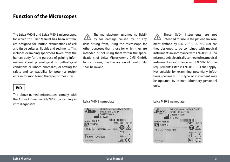 Function of the microscopes | Leica Biosystems M80 B User Manual | Page 3 / 56