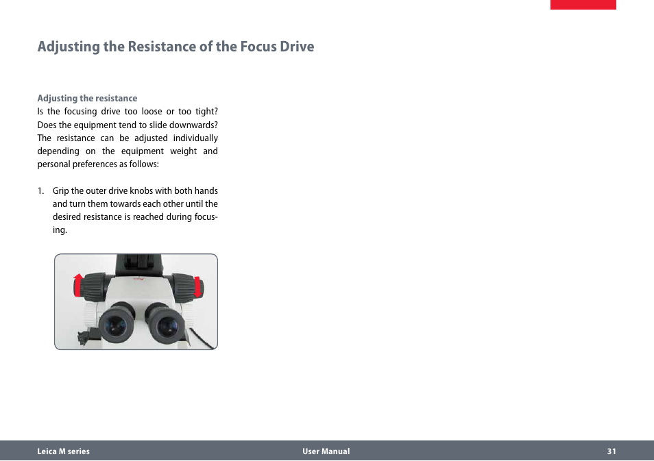 Adjusting the resistance of the focus drive | Leica Biosystems M80 B User Manual | Page 31 / 56
