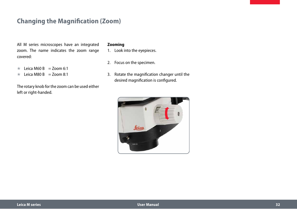 Changing the magnification (zoom) | Leica Biosystems M80 B User Manual | Page 32 / 56