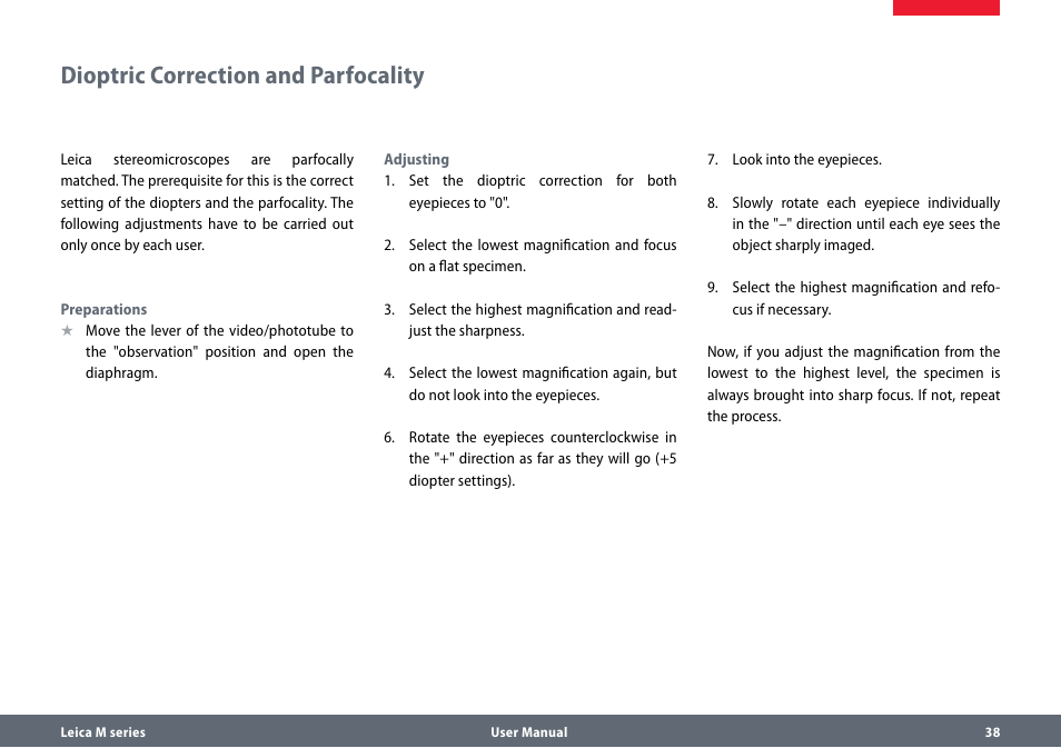 Dioptric correction and parfocality | Leica Biosystems M80 B User Manual | Page 38 / 56