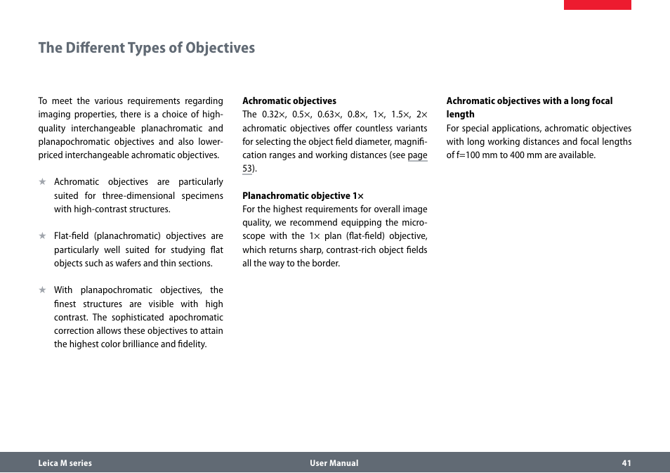 The different types of objectives | Leica Biosystems M80 B User Manual | Page 41 / 56