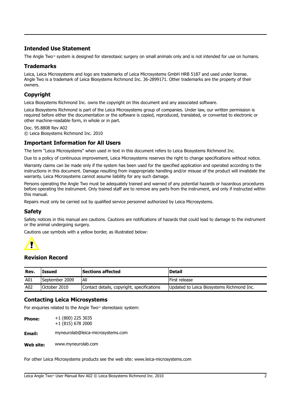 Intended use statement, Trademarks, Copyright | Important information for all users, Safety, Revision record, Contacting leica microsystems | Leica Biosystems ANGLE TWO User Manual | Page 2 / 50