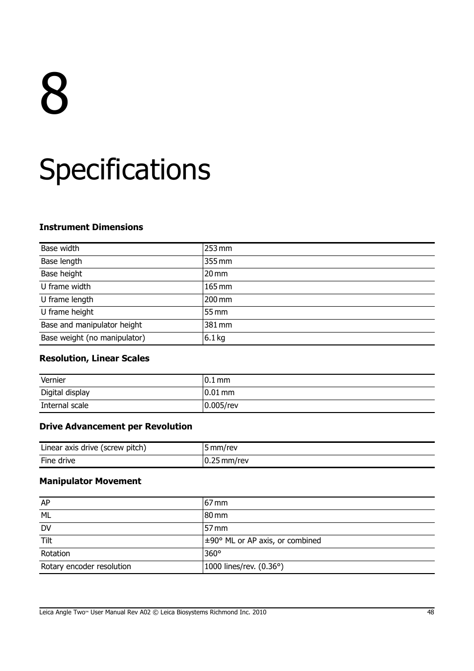 Specifications, Instrument dimensions, Resolution, linear scales | Drive advancement per revolution, Manipulator movement | Leica Biosystems ANGLE TWO User Manual | Page 48 / 50