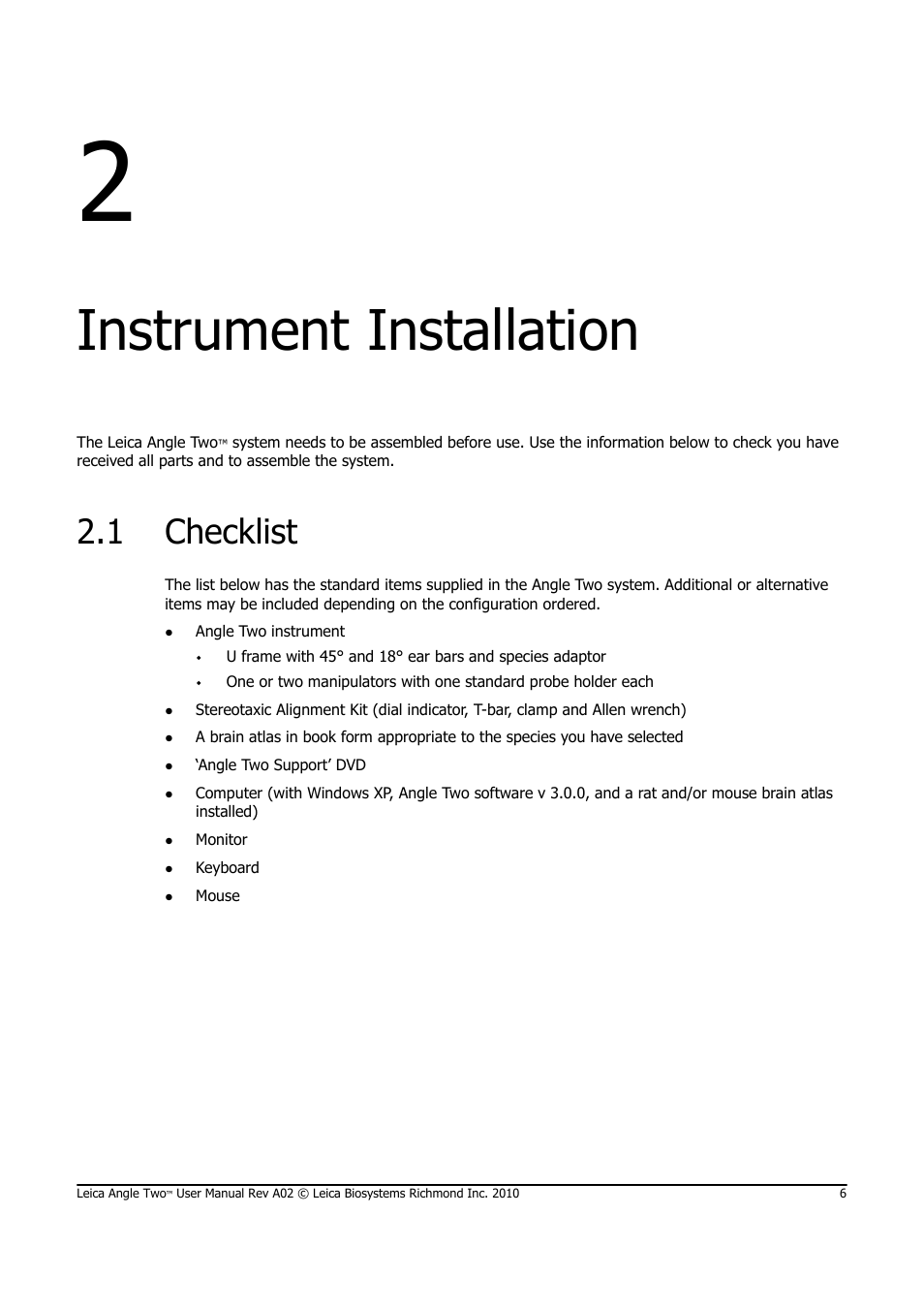 Instrument installation, 1 checklist, Checklist | Leica Biosystems ANGLE TWO User Manual | Page 6 / 50