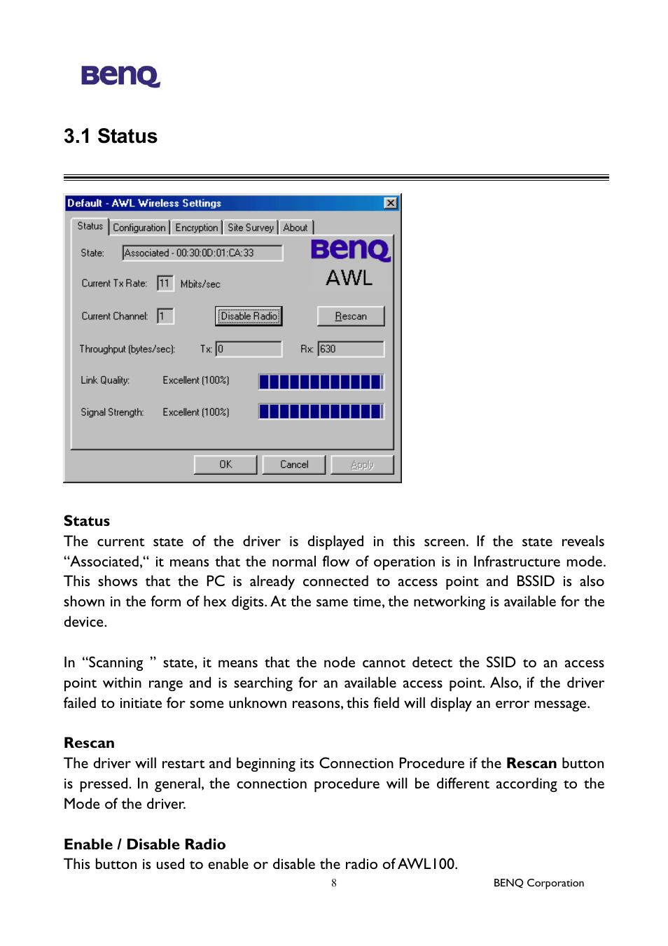 1 status | BenQ AWL-100 User Manual | Page 12 / 19