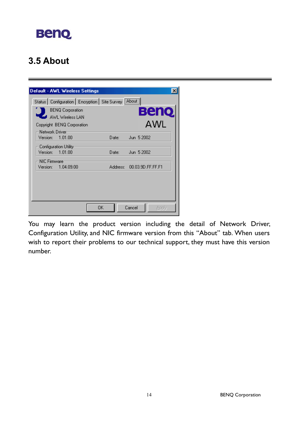 5 about | BenQ AWL-100 User Manual | Page 18 / 19