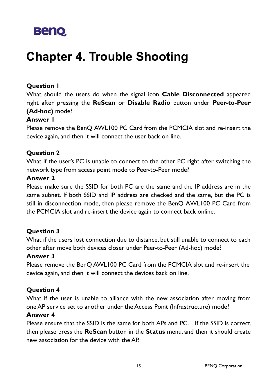 Chapter 4. trouble shooting | BenQ AWL-100 User Manual | Page 19 / 19