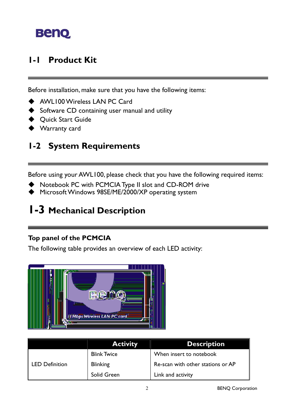 1 product kit, 2 system requirements, Mechanical description | BenQ AWL-100 User Manual | Page 6 / 19