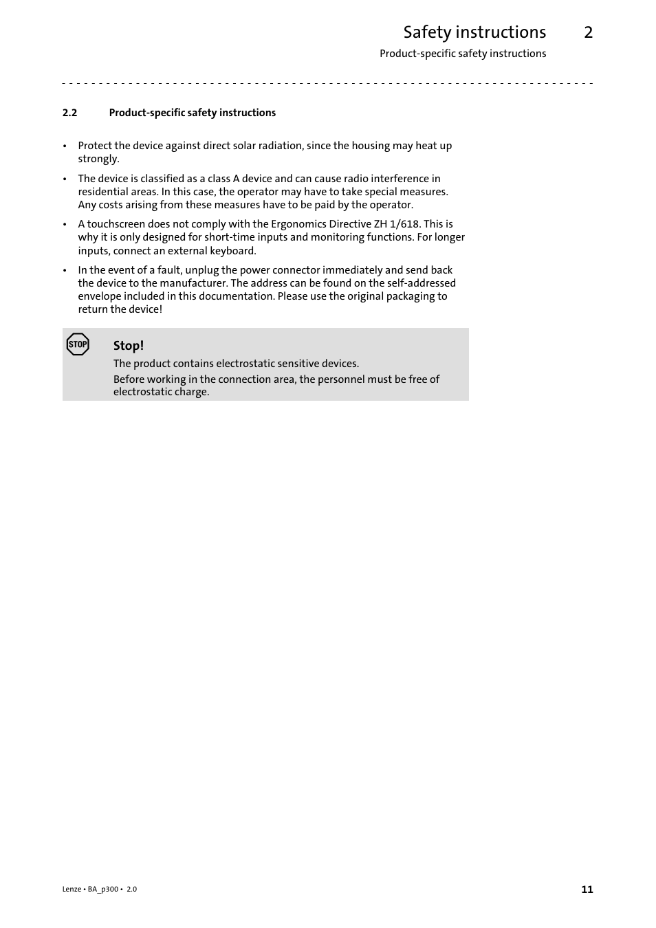 2 product-specific safety instructions, Product−specific safety instructions, Safety instructions | Lenze p300 Operating Instructions User Manual | Page 11 / 37