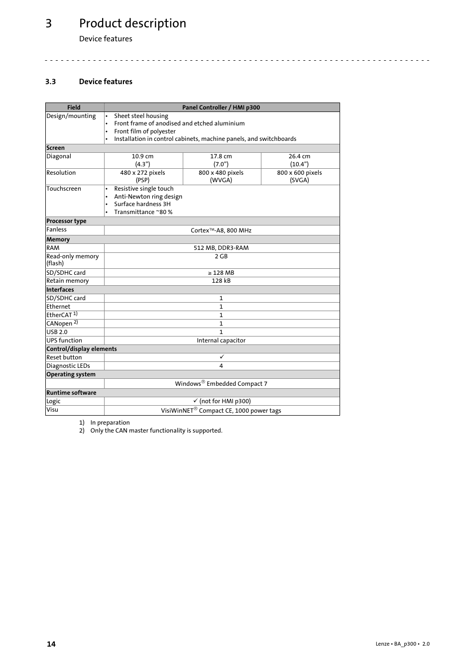 3 device features, Device features, Product description | Lenze p300 Operating Instructions User Manual | Page 14 / 37