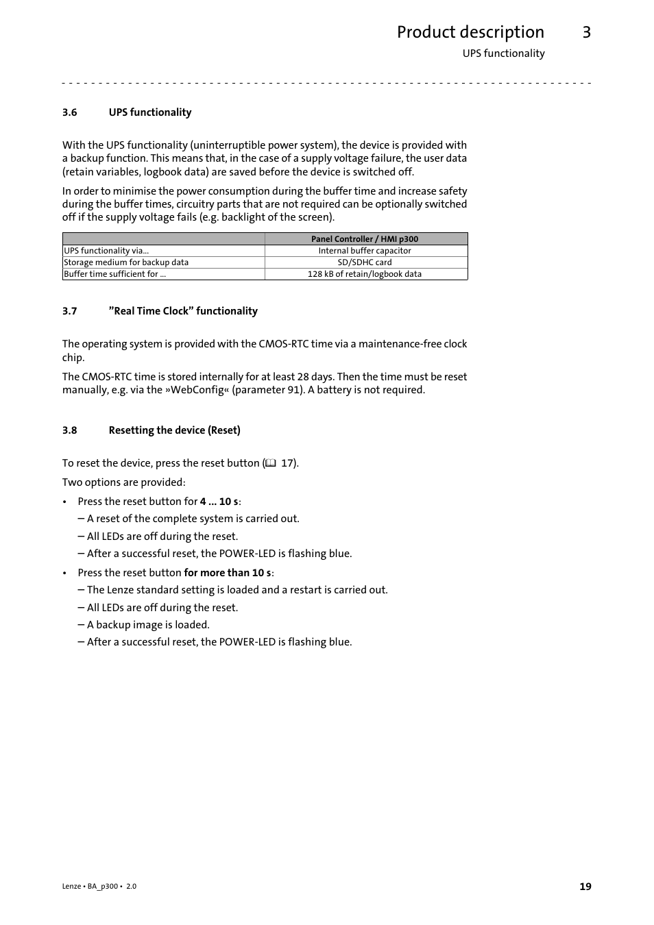 6 ups functionality, 7 "real time clock" functionality, 8 resetting the device (reset) | Ups functionality, Real time clock" functionality, Resetting the device (reset), Product description | Lenze p300 Operating Instructions User Manual | Page 19 / 37
