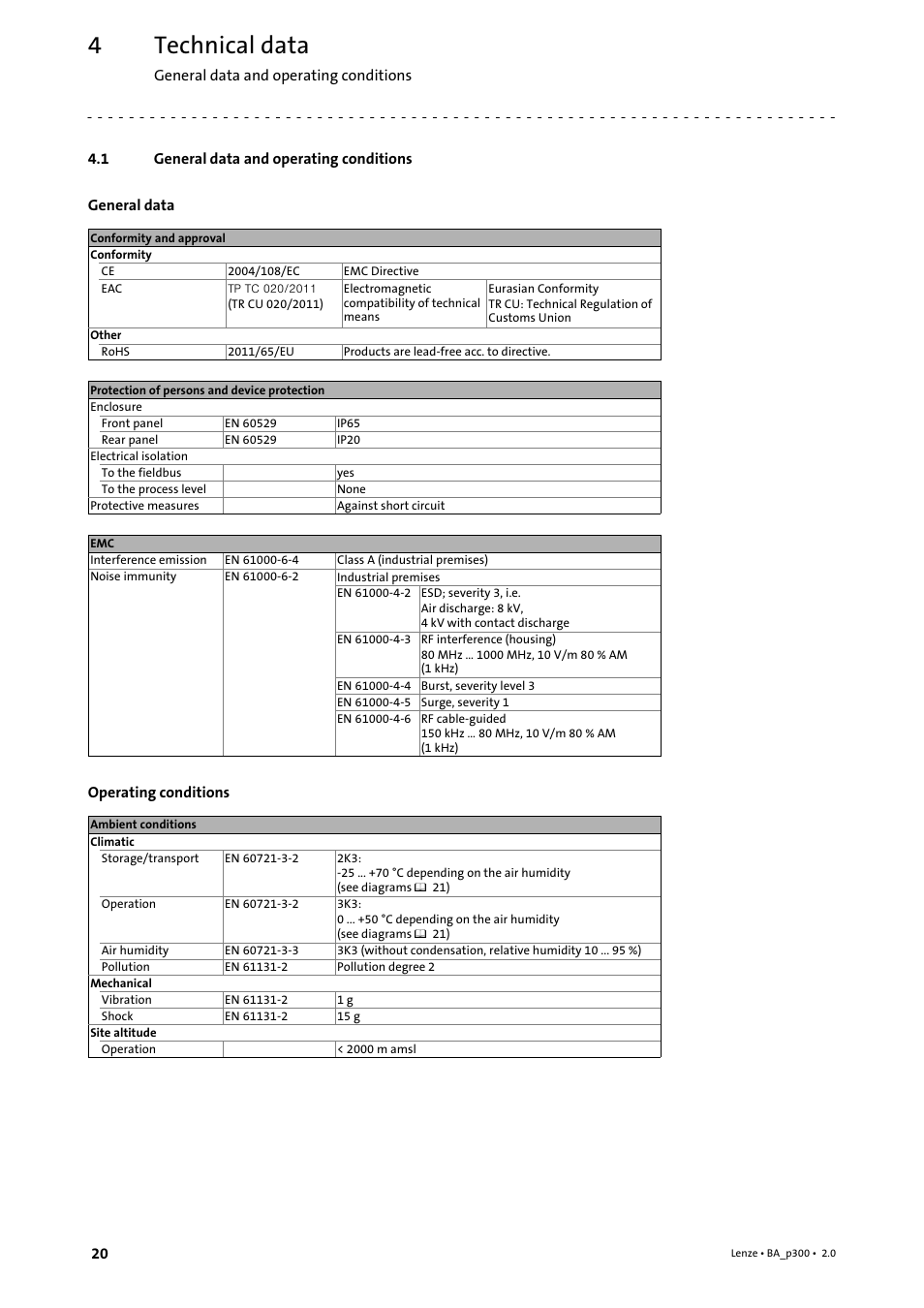 4 technical data, 1 general data and operating conditions, Technical data | General data and operating conditions | Lenze p300 Operating Instructions User Manual | Page 20 / 37