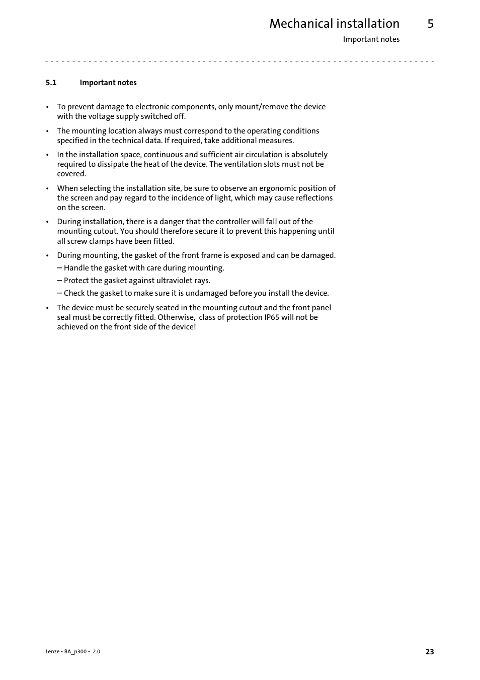 5 mechanical installation, 1 important notes, Mechanical installation | Important notes | Lenze p300 Operating Instructions User Manual | Page 23 / 37