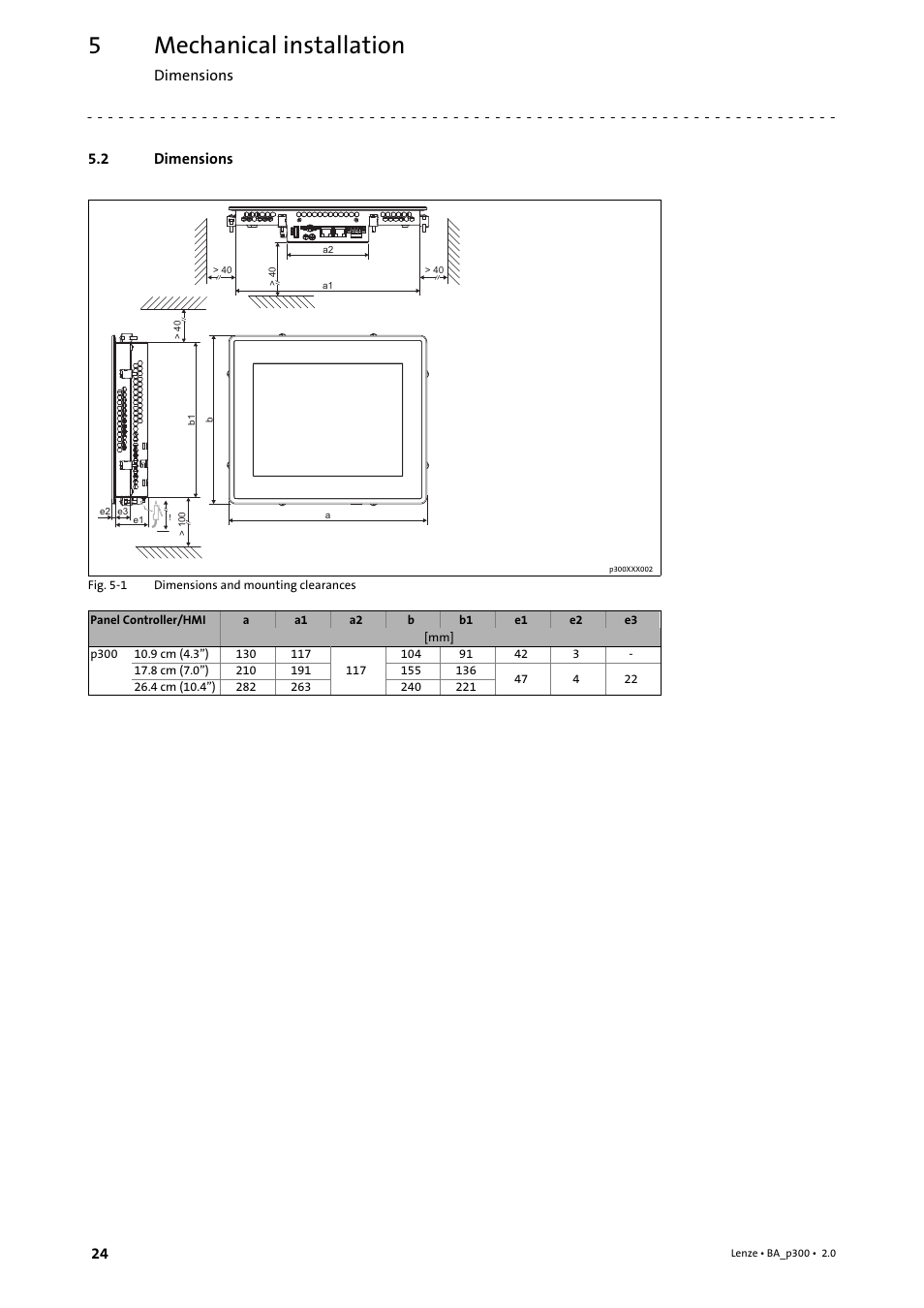 2 dimensions, Dimensions, Mechanical installation | Lenze p300 Operating Instructions User Manual | Page 24 / 37