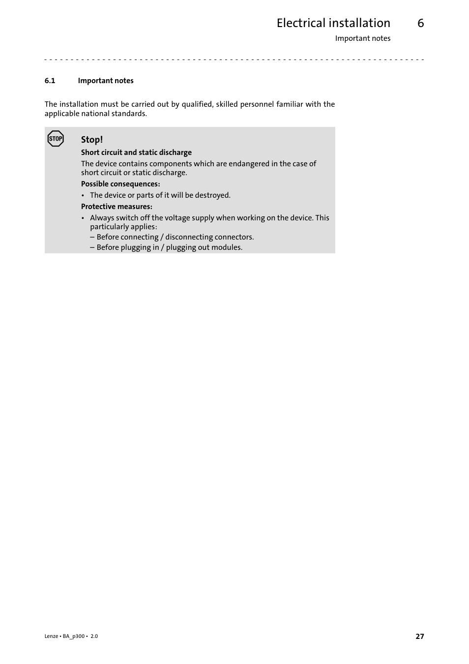 6 electrical installation, 1 important notes, Electrical installation | Important notes | Lenze p300 Operating Instructions User Manual | Page 27 / 37