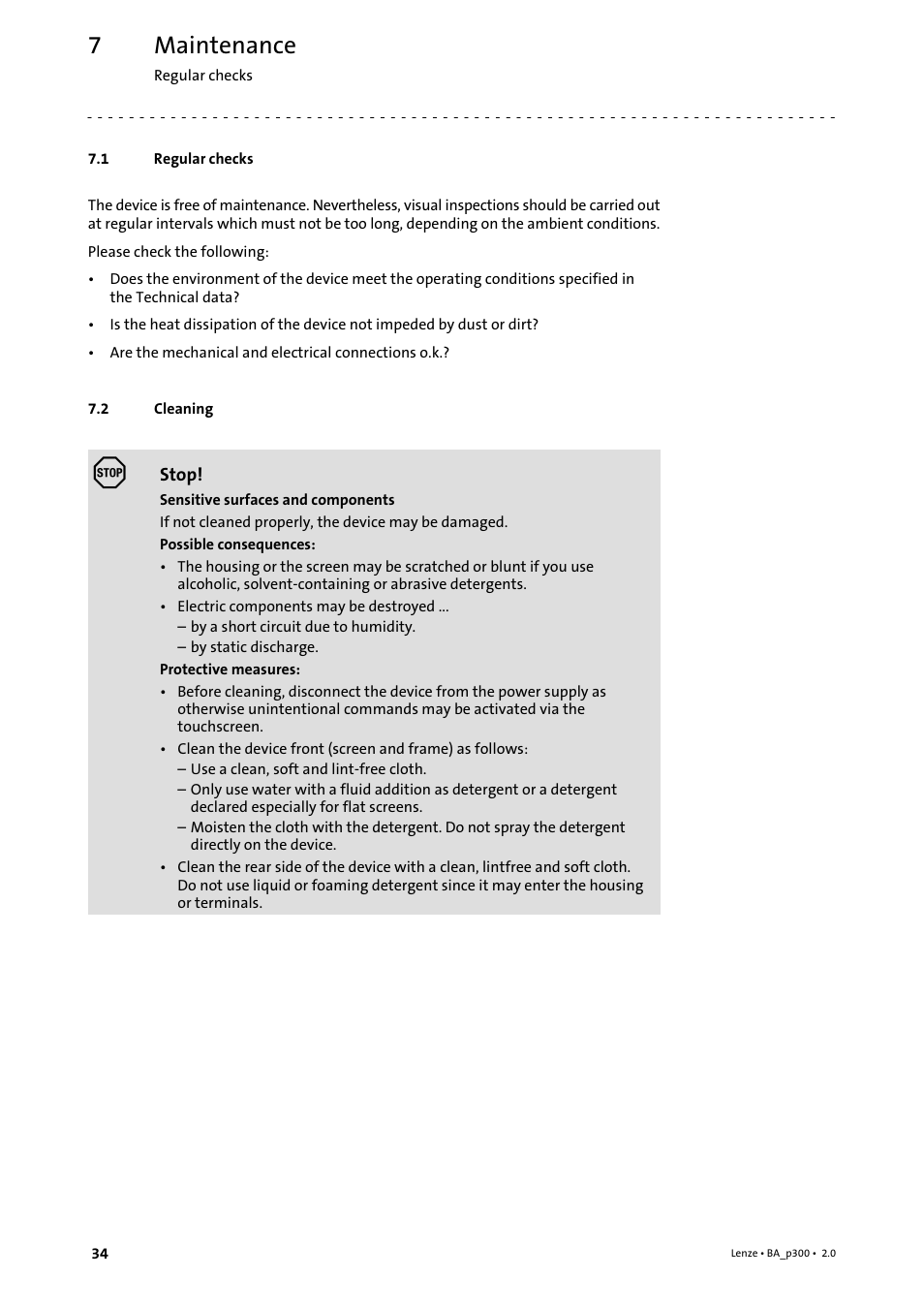 7 maintenance, 1 regular checks, 2 cleaning | Maintenance, Regular checks, Cleaning | Lenze p300 Operating Instructions User Manual | Page 34 / 37