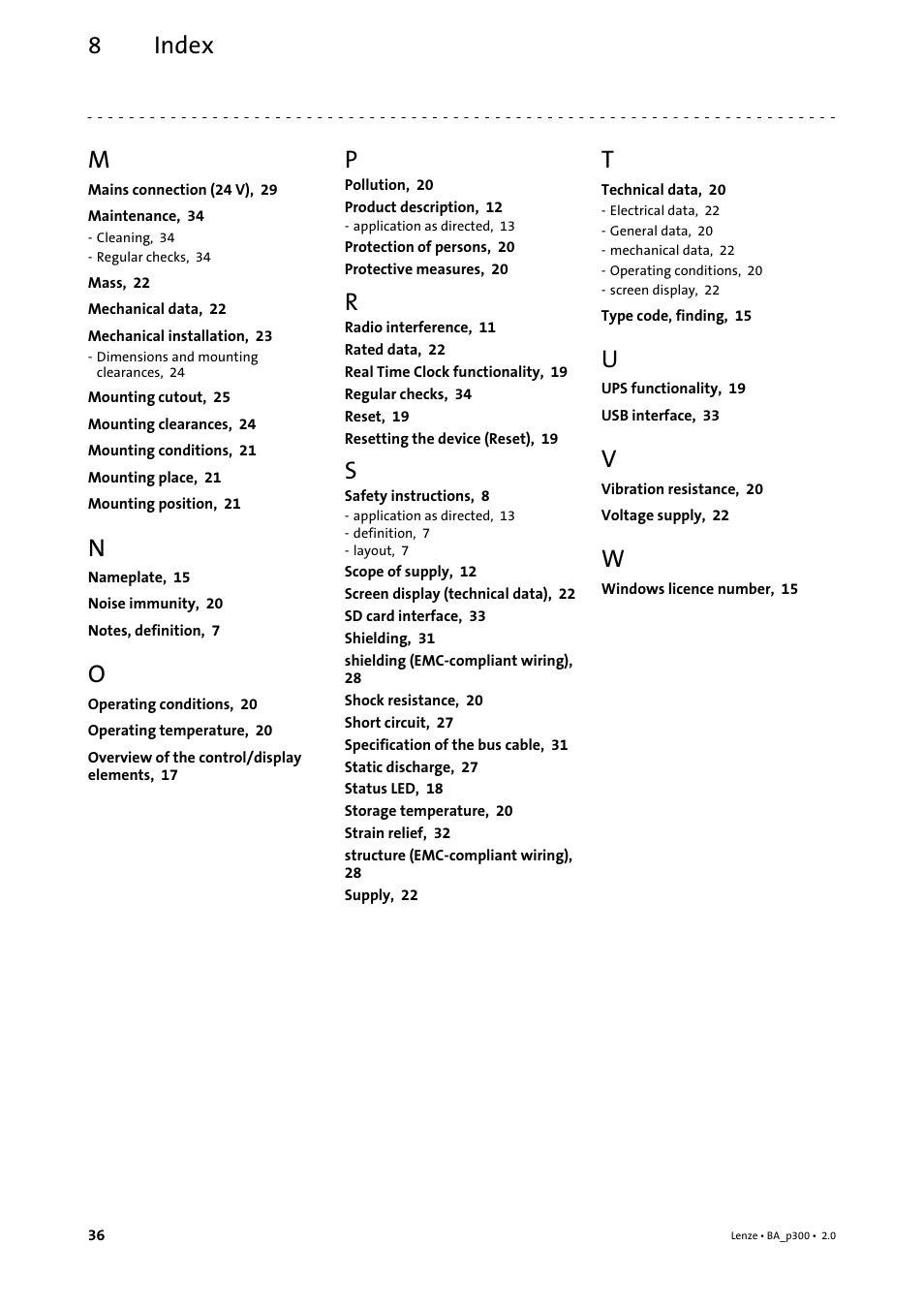 Index 8 | Lenze p300 Operating Instructions User Manual | Page 36 / 37