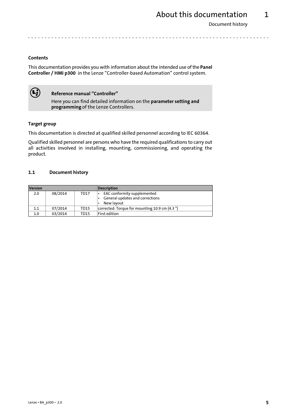 1 about this documentation, 1 document history, About this documentation | Document history | Lenze p300 Operating Instructions User Manual | Page 5 / 37