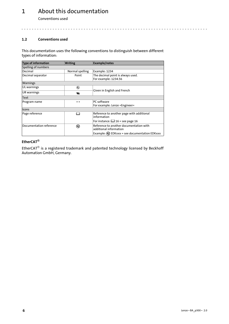 2 conventions used, Conventions used, About this documentation | Lenze p300 Operating Instructions User Manual | Page 6 / 37