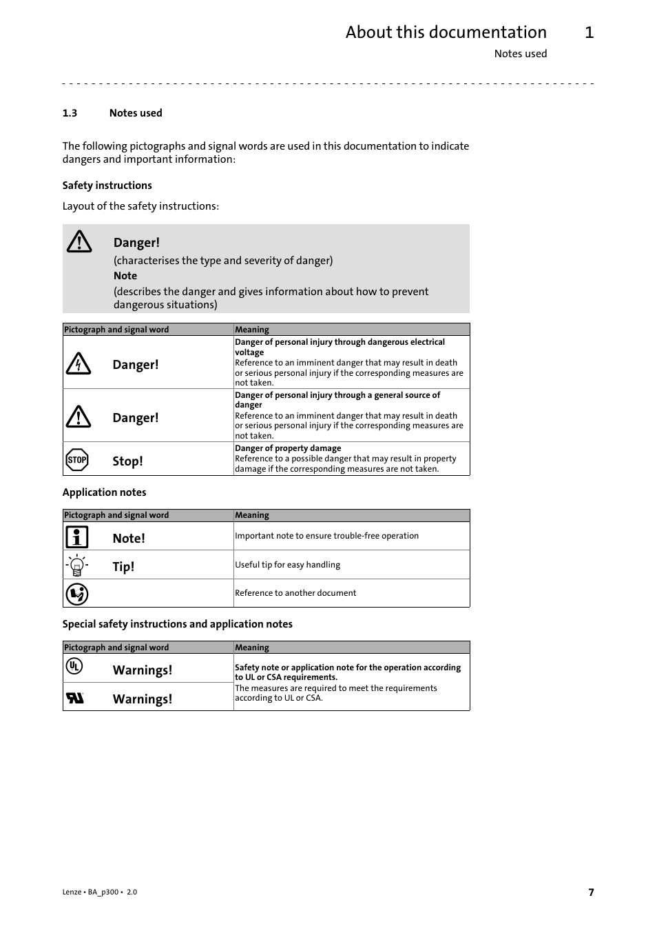 3 notes used, Notes used, About this documentation | Lenze p300 Operating Instructions User Manual | Page 7 / 37
