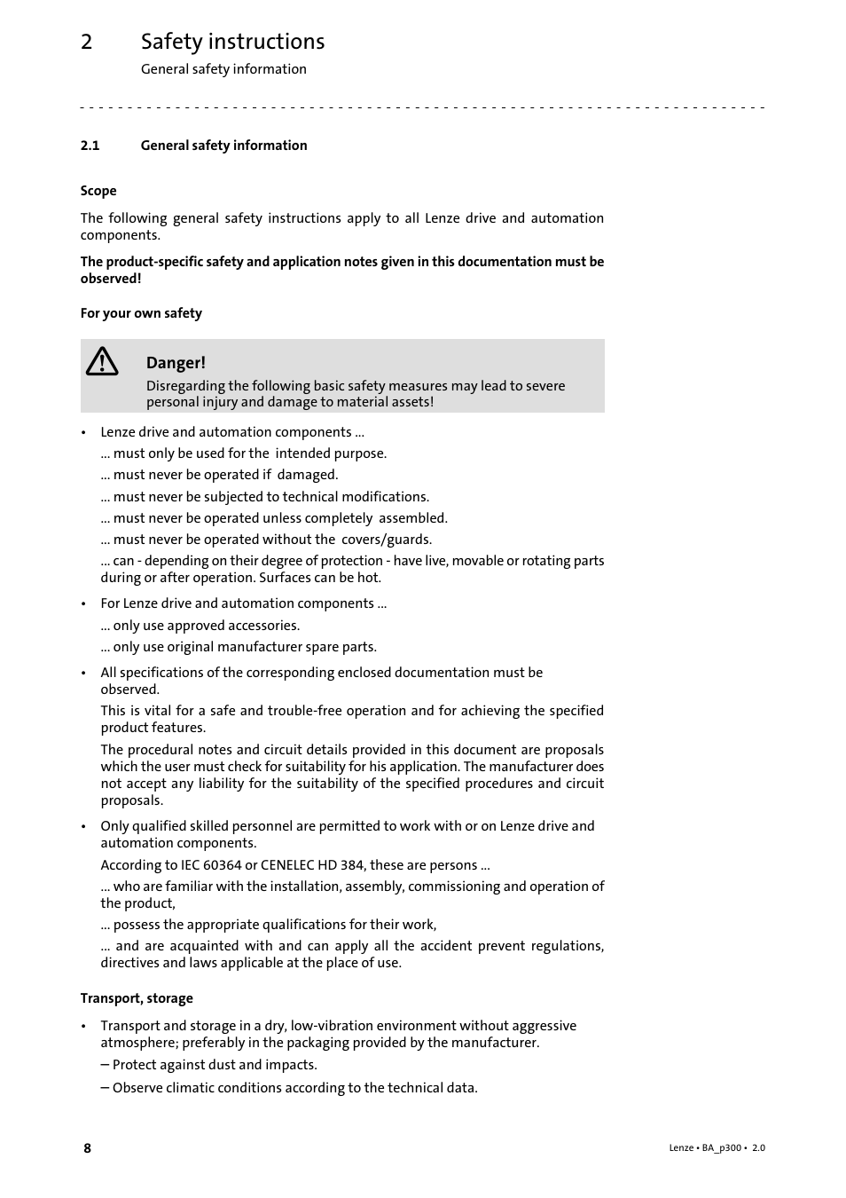 2 safety instructions, 1 general safety information, Safety instructions | General safety information | Lenze p300 Operating Instructions User Manual | Page 8 / 37