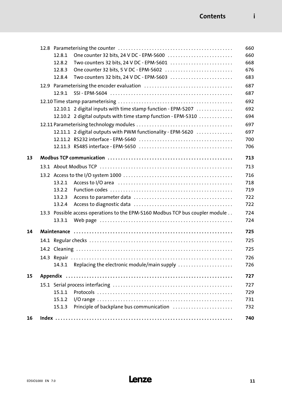 Contents i | Lenze I/O system 1000 System Manual User Manual | Page 11 / 744