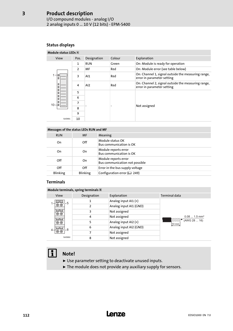 Product description, Status displays, Terminals | Use parameter setting to deactivate unused inputs | Lenze I/O system 1000 System Manual User Manual | Page 112 / 744