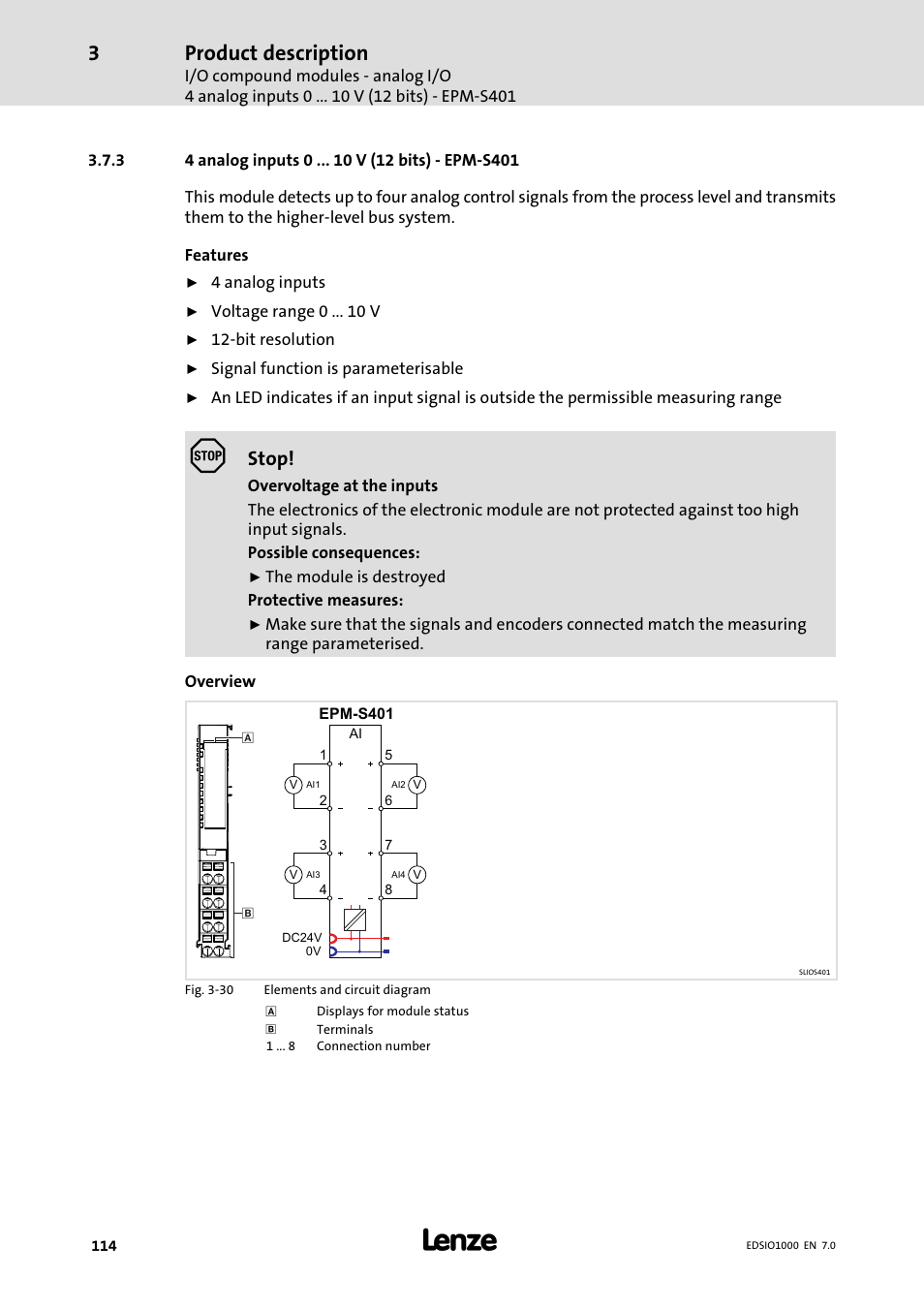 3 4 analog inputs 0 v (12 bits) - epm-s401, 4 analog inputs 0 v (12 bits) − epm−s401, Product description | Stop | Lenze I/O system 1000 System Manual User Manual | Page 114 / 744