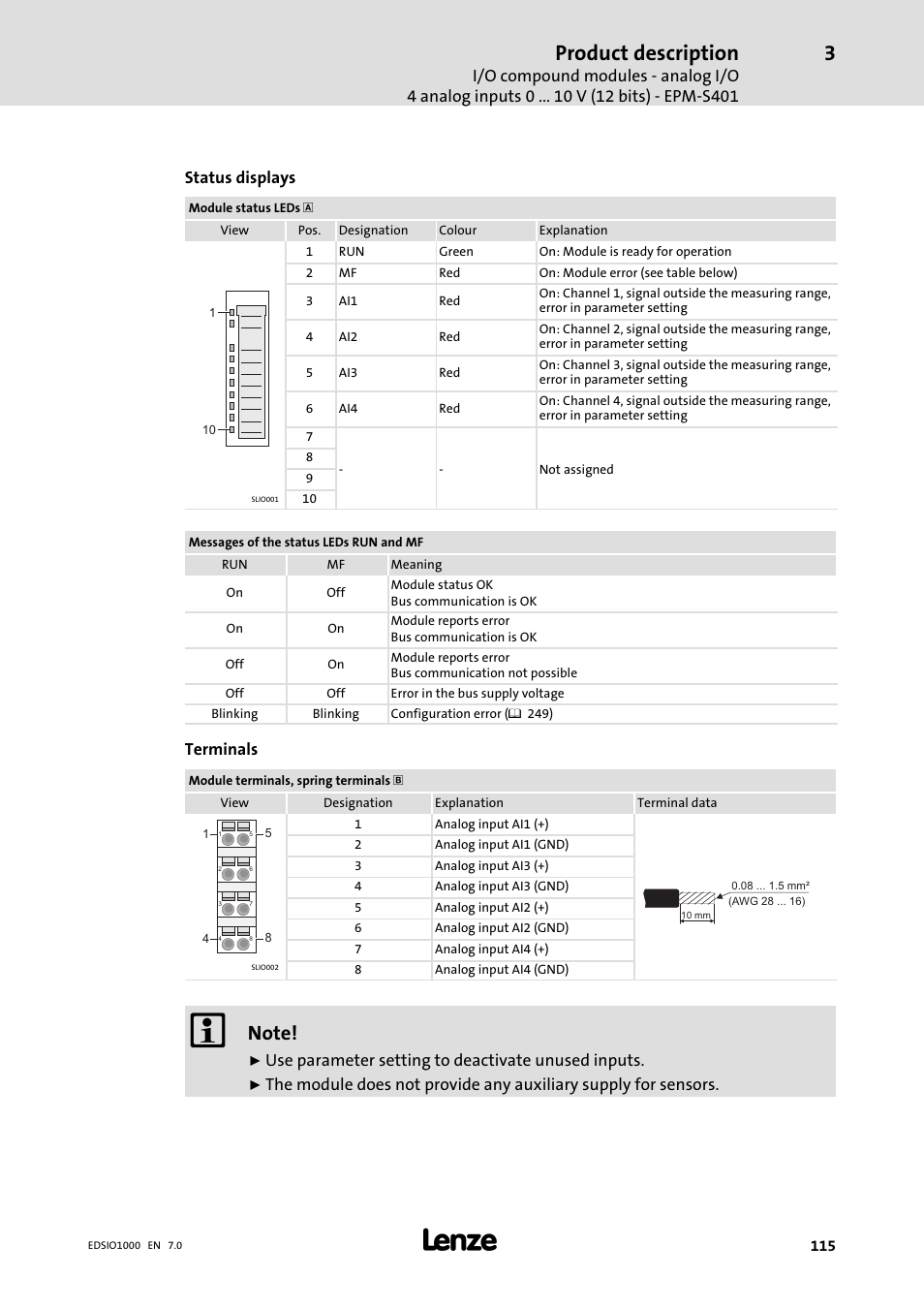 Product description, Status displays, Terminals | Use parameter setting to deactivate unused inputs | Lenze I/O system 1000 System Manual User Manual | Page 115 / 744