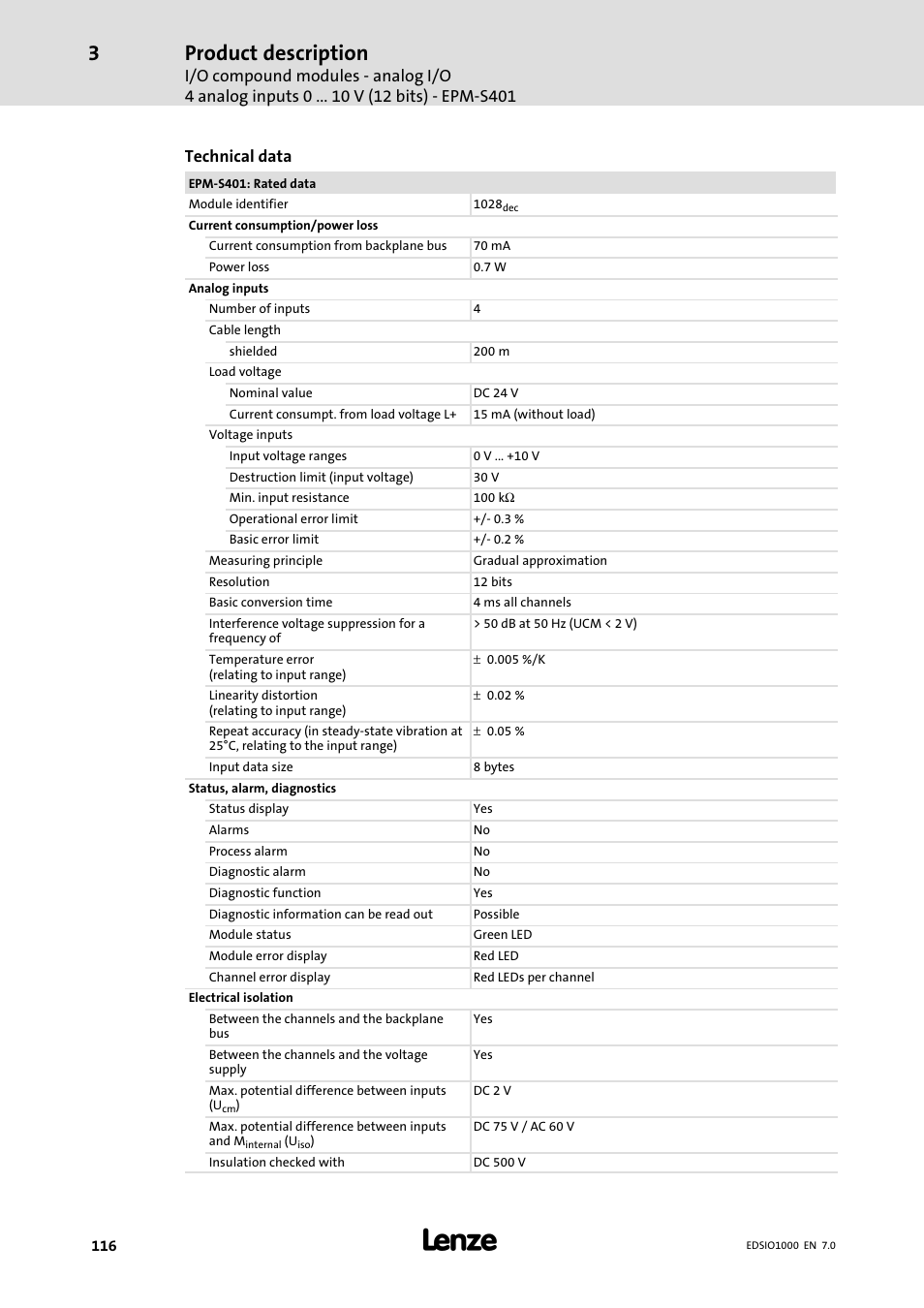 Product description, Technical data | Lenze I/O system 1000 System Manual User Manual | Page 116 / 744