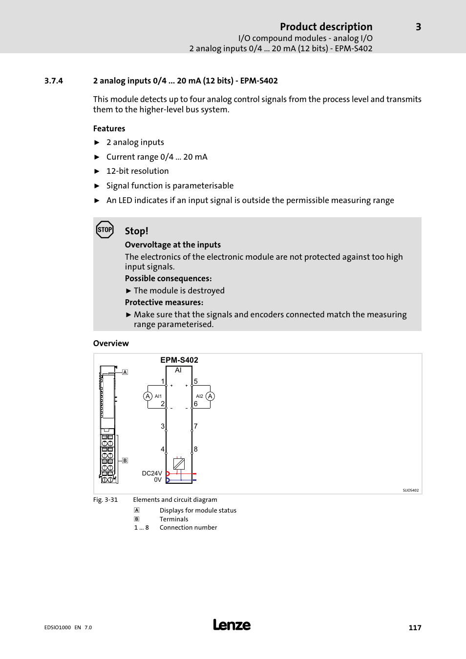 4 2 analog inputs 0/4 ma (12 bits) - epm-s402, 2 analog inputs 0/4 ma (12 bits) − epm−s402, Product description | Stop | Lenze I/O system 1000 System Manual User Manual | Page 117 / 744