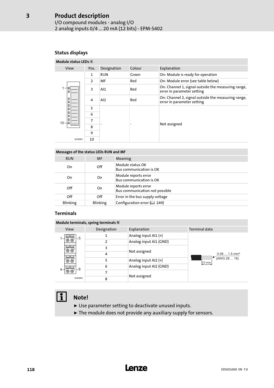 Product description, Status displays, Terminals | Use parameter setting to deactivate unused inputs | Lenze I/O system 1000 System Manual User Manual | Page 118 / 744