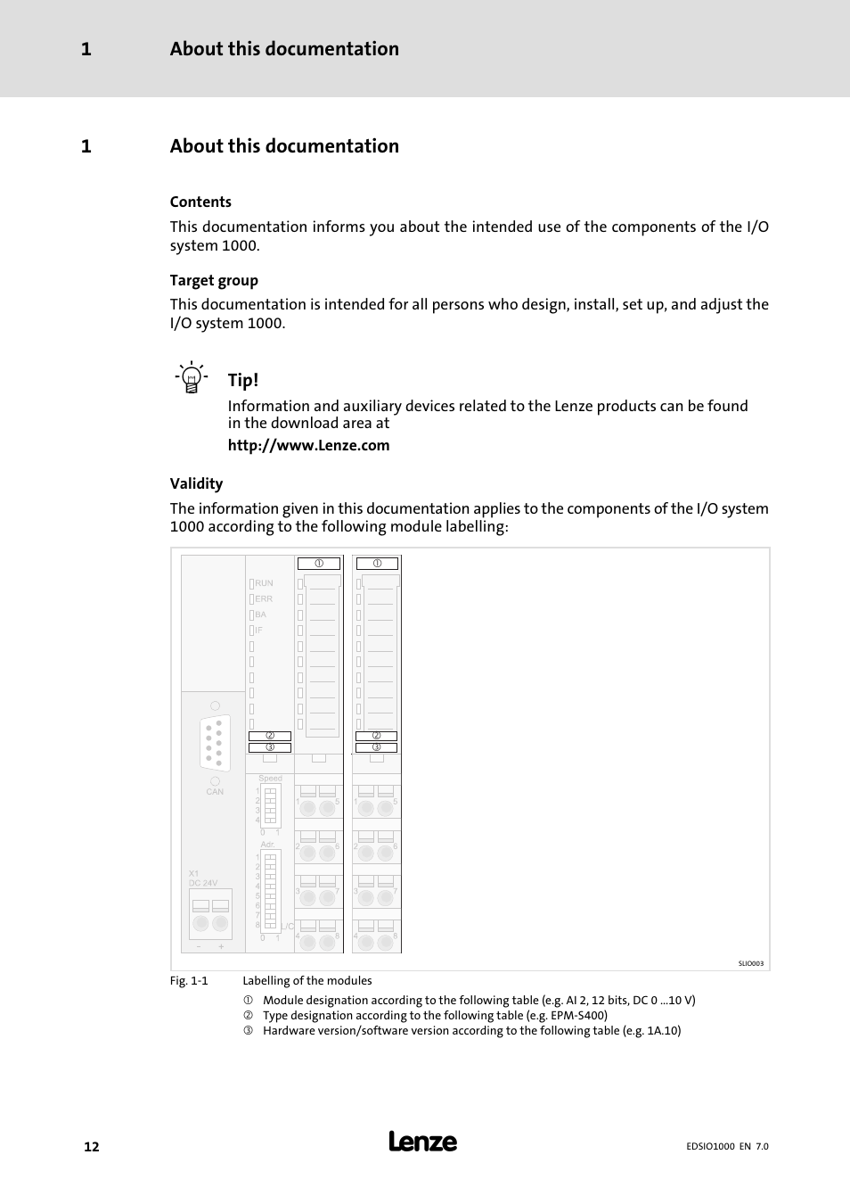 1 about this documentation, About this documentation, About this documentation 1 | 1about this documentation | Lenze I/O system 1000 System Manual User Manual | Page 12 / 744