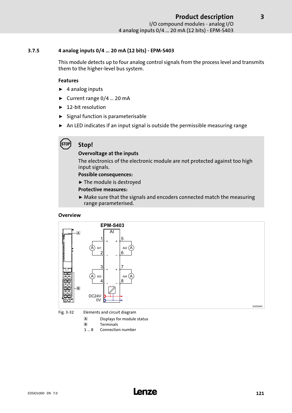 5 4 analog inputs 0/4 ma (12 bits) - epm-s403, 4 analog inputs 0/4 ma (12 bits) − epm−s403, Product description | Stop | Lenze I/O system 1000 System Manual User Manual | Page 121 / 744